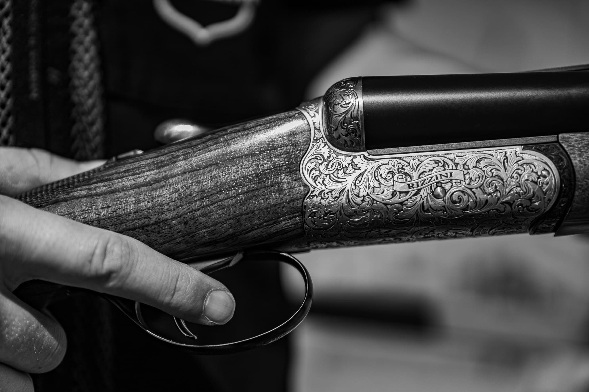 rizzini double rifle up close of action in black and white image