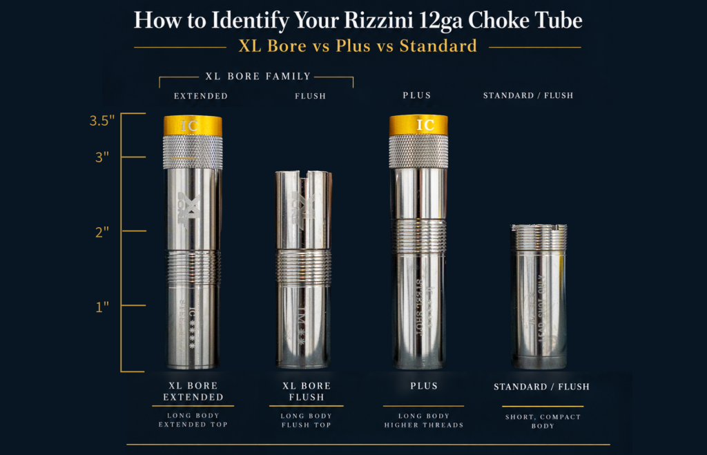 Rizzini choke tubes in XL Bore extended, XL Bore flush, Plus, and Standard flush body types